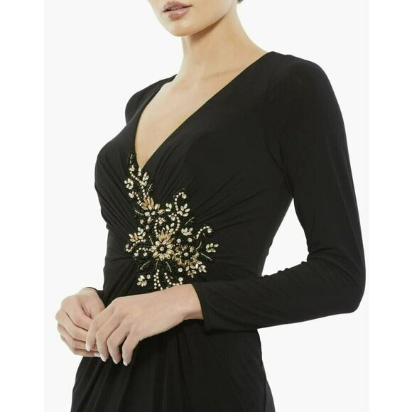 Mac Duggal Maxi Dress Black Formal Long Sleeve Embellished Gown Sz 16 NWT - Picture 2 of 8